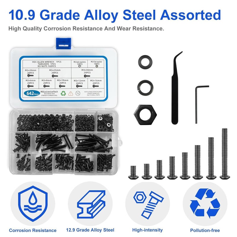 MklusiveTech 642PCS M3 Button Head Screws（6mm-30mm ） Metric Screw Assortment Kit Metric Bolt Assortment Machine Screws with Lock Flat Washers Grade 10.9 Alloy Steel Hex Socket Head - Image 3